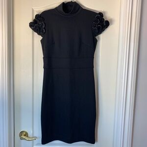 Adrienne Vittadini Black Fitted Cocktail Dress Size 4 Floral Shoulder Detail